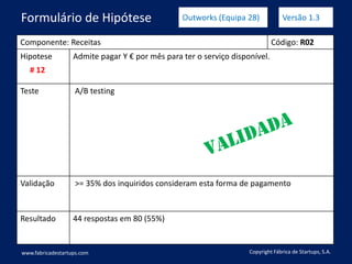 Componente: Receitas Código: R02
Hipotese Admite pagar Y € por mês para ter o serviço disponível.
Teste A/B testing
Validação >= 35% dos inquiridos consideram esta forma de pagamento
Resultado 44 respostas em 80 (55%)
www.fabricadestartups.com Copyright Fábrica de Startups, S.A.
Formulário de Hipótese Outworks (Equipa 28) Versão 1.3
# 12
 