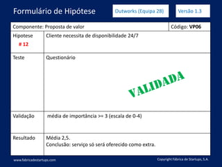 Componente: Proposta de valor Código: VP06
Hipotese Cliente necessita de disponibilidade 24/7
Teste Questionário
Validação média de importância >= 3 (escala de 0-4)
Resultado Média 2,5.
Conclusão: serviço só será oferecido como extra.
www.fabricadestartups.com Copyright Fábrica de Startups, S.A.
Formulário de Hipótese Outworks (Equipa 28) Versão 1.3
# 12
 