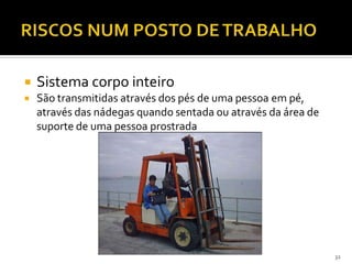  Sistema corpo inteiro
 São transmitidas através dos pés de uma pessoa em pé,
através das nádegas quando sentada ou através da área de
suporte de uma pessoa prostrada
32
 