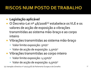  Legislação aplicável
 O Decreto-Lei nº 46/2006(1) estabelece osVLE e os
valores de acção de exposição a vibrações
transmitidas ao sistema mão-braço e ao corpo
inteiro
 Vibrações transmitidas ao sistema mão-braço
 Valor limite exposição: 5m/s2
 Valor de acção de exposição: 2,5m/s2
 Vibrações transmitidas ao corpo inteiro
 Valor limite exposição: 1,15m/s2
 Valor de acção de exposição: 0,5m/s2
37(1)- transpõe a Directiva nº 2002/44/CE do Parlamento Europeu e do Conselho
 