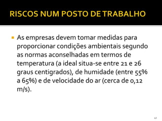  As empresas devem tomar medidas para
proporcionar condições ambientais segundo
as normas aconselhadas em termos de
temperatura (a ideal situa-se entre 21 e 26
graus centigrados), de humidade (entre 55%
a 65%) e de velocidade do ar (cerca de 0,12
m/s).
41
 