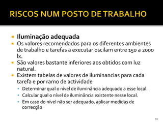 59
 Iluminação adequada
 Os valores recomendados para os diferentes ambientes
de trabalho e tarefas a executar oscilam entre 150 a 2000
lx.
 São valores bastante inferiores aos obtidos com luz
natural.
 Existem tabelas de valores de iluminancias para cada
tarefa e por ramo de actividade
 Determinar qual o nível de iluminância adequado a esse local.
 Calcular qual o nível de iluminância existente nesse local.
 Em caso do nível não ser adequado, aplicar medidas de
correcção
 