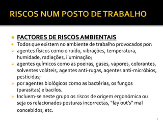  FACTORES DE RISCOS AMBIENTAIS
 Todos que existem no ambiente de trabalho provocados por:
 agentes físicos como o ruído, vibrações, temperatura,
humidade, radiações, iluminação;
 agentes químicos como as poeiras, gases, vapores, colorantes,
solventes voláteis, agentes anti-rugas, agentes anti-micróbios,
pesticidas;
 por agentes biológicos como as bactérias, os fungos
(parasitas) e bacilos.
 Incluem-se neste grupo os riscos de origem ergonómica ou
seja os relacionados posturas incorrectas, “lay out’s” mal
concebidos, etc.
7
 