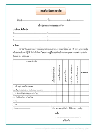 แผนการจัดการเรียนรู้โดยยึดหลักปรัชญาของเศรษฐกิจพอเพียง โดย นางสาววารีรัตน์ สติราษฎร์ ครูคศ.1
ชื่อกลุ่ม..........................................................ชั้น.......................................วันที่...............................
เรื่อง ปัญหาและสาเหตุภาวะโลกร้อน
รายชื่อสมาชิกในกลุ่ม
1........................................................... .............. 2 .........................................................................
3........................................................... .............. 4 .........................................................................
5........................................................... .............. 6 .........................................................................
คาชี้แจง
พิจารณาให้คะแนนลงในช่องที่ตรงกับความคิดเห็นของท่านมากที่สุด ตั้งแต่ 1-5 ให้ตรงกับความเป็น
จริงตามระดับการปฏิบัติ โดยใช้คู่มือการให้คะแนน (คู่มือแบบประเมินผลงานกลุ่ม) ผ่านเกณฑ์การประเมิน
ร้อยละ 80 ( 60 คะแนน )
รายการประเมิน
1.เนื้อหาในการนาเสนอ
2.วางแผนกาหนดขั้นตอน
3.รูปแบบและวิธีการ
4.การเขียนรายงานนาเสนอ
5.ภาษาถูกต้องเหมาะสม
หมายเหตุ
1. ปรากฏการณ์เรือนกระจก
2. ปัญหาและสาเหตุการเกิดภาวะโลกร้อน
3. รังสีและก๊าชที่เกิดภาวะโลกร้อน
3. ข่าวเกี่ยวกับภาวะโลกร้อน
รวม
รวม
ร้อยละ........................... �ผ่านการประเมิน �ไม่ผ่านการประเมิน
ลงชื่อ………………………………
( ………………………………… )
ผู้ประเมิน
แบบประเมินผลงานกลุ่ม
 