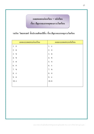 แผนการจัดการเรียนรู้โดยยึดหลักปรัชญาของเศรษฐกิจพอเพียง โดย นางสาววารีรัตน์ สติราษฎร์ ครูคศ.1
รายวิชา วิทยาศาสตร์ ชั้นประถมศึกษาปีที่ 6 เรื่อง ปัญหาและสาเหตุภาวะโลกร้อน
เฉลยแบบทดสอบก่อนเรียน เฉลยแบบทดสอบหลังเรียน
1. ก
2. ค
3. ข
4. ข
5. ค
6. ก
7. ข
8. ง
9. ก
10. ง
1. ง
2. ก
3. ค
4. ข
5. ก
6. ง
7. ข
8. ก
9. ง
10. ค
เฉลยทดสอบก่อนเรียน - หลังเรียน
เรื่อง ปัญหาและสาเหตุของภาวะโลกร้อน
17
 