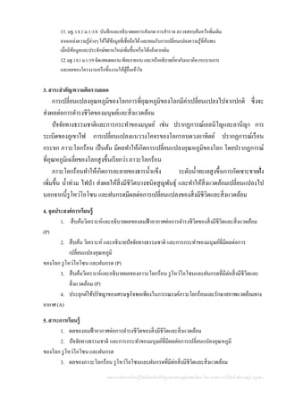 แผนการจัดการเรียนรู้โดยยึดหลักปรัชญาของเศรษฐกิจพอเพียง โดย นางสาววารีรัตน์ สติราษฎร์ ครูคศ.1
11. มฐ.ว 8.1 ม.1-3/8 บันทึกและอธิบายผลการสังเกต การสารวจ ตรวจสอบค้นคว้าเพิ่มเติม
จากแหล่งความรู้ต่างๆให้ได้ข้อมูลที่เชื่อถือได้และยอมรับการเปลี่ยนแปลงความรู้ที่ค้นพบ
เมื่อมีข้อมูลและประจักษ์พยานใหม่เพิ่มขึ้นหรือโต้แย้งจากเดิม
12.มฐ.ว8.1ม.1-3/9จัดแสดงผลงานเขียนรายงานและ/หรืออธิบายเกี่ยวกับแนวคิดกระบวนการ
และผลของโครงงานหรือชิ้นงานให้ผู้อื่นเข้าใจ
3. สาระสาคัญ/ความคิดรวบยอด
การเปลี่ยนแปลงอุณหภูมิของโลกการที่อุณหภูมิของโลกมีค่าเปลี่ยนแปลงไปจากปกติ ซึ่งจะ
ส่งผลต่อการดารงชีวิตของมนุษย์และสิ่งแวดล้อม
ปัจจัยทางธรรมชาติและการกระทาของมนุษย์ เช่น ปรากฏการณ์เอลนิโญและลานีญา การ
ระเบิดของภูเขาไฟ การเปลี่ยนแปลงแนววงโคจรของโลกรอบดวงอาทิตย์ ปรากฏการณ์เรือน
กระจก ภาวะโลกร้อน เป็นต้น มีผลทาให้เกิดการเปลี่ยนแปลงอุณหภูมิของโลก โดยปรากฏการณ์
ที่อุณหภูมิเฉลี่ยของโลกสูงขึ้นเรียกว่า ภาวะโลกร้อน
ภาวะโลกร้อนทาให้เกิดการละลายของธารน้าแข็ง ระดับน้าทะเลสูงขึ้นการกัดเซาะชายฝั่ง
เพิ่มขึ้น น้าท่วม ไฟป่า ส่งผลให้สิ่งมีชีวิตบางชนิดสูญพันธุ์ และทาให้สิ่งแวดล้อมเปลี่ยนแปลงไป
นอกจากนี้รูโหว่โอโซน และฝนกรดมีผลต่อการเปลี่ยนแปลงของสิ่งมีชีวิตและสิ่งแวดล้อม
4. จุดประสงค์การเรียนรู้
1. สืบค้นวิเคราะห์และอธิบายผลของลมฟ้าอากาศต่อการดารงชีวิตของสิ่งมีชีวิตและสิ่งแวดล้อม
(P)
2. สืบค้น วิเคราะห์ และอธิบายปัจจัยทางธรรมชาติ และการกระทาของมนุษย์ที่มีผลต่อการ
เปลี่ยนแปลงอุณหภูมิ
ของโลก รูโหว่โอโซน และฝนกรด (P)
3. สืบค้นวิเคราะห์และอธิบายผลของภาวะโลกร้อน รูโหว่โอโซนและฝนกรดที่มีต่อสิ่งมีชีวิตและ
สิ่งแวดล้อม (P)
4. ประยุกต์ใช้ปรัชญาของเศรษฐกิจพอเพียงในการรณรงค์ภาวะโลกร้อนและรักษาสภาพแวดล้อมทาง
อากาศ(A)
5. สาระการเรียนรู้
1. ผลของลมฟ้าอากาศต่อการดารงชีวิตของสิ่งมีชีวิตและสิ่งแวดล้อม
2. ปัจจัยทางธรรมชาติ และการกระทาของมนุษย์ที่มีผลต่อการเปลี่ยนแปลงอุณหภูมิ
ของโลก รูโหว่โอโซน และฝนกรด
3. ผลของภาวะโลกร้อน รูโหว่โอโซนและฝนกรดที่มีต่อสิ่งมีชีวิตและสิ่งแวดล้อม
 