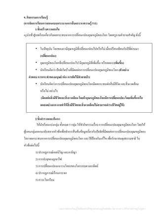แผนการจัดการเรียนรู้โดยยึดหลักปรัชญาของเศรษฐกิจพอเพียง โดย นางสาววารีรัตน์ สติราษฎร์ ครูคศ.1
9. กิจกรรมการเรียนรู้
(การจัดการเรียนการสอนแบบกระบวนการสืบเสาะหาความรู้ 5 E)
1.ขั้นสร้างความสนใจ
ครูนาเข้าสู่บทเรียนเกี่ยวกับผลกระทบจากการเปลี่ยนแปลงอุณหภูมิของโลก โดยครูถามคาถามสาคัญ ดังนี้
 ในปัจจุบัน โลกของเรามีอุณหภูมิที่เปลี่ยนแปลงไปหรือไม่ เมื่อเปรียบเทียบกับปีที่ผ่านมา
(เปลี่ยนแปลง)
 อุณหภูมิของโลกที่เปลี่ยนแปลงไป มีอุณหภูมิที่เพิ่มขึ้น หรือลดลง (เพิ่มขึ้น)
 นักเรียนคิดว่า ปัจจัยใดบ้างที่มีผลต่อการเปลี่ยนแปลงอุณหภูมิของโลก (ตัวอย่าง
คาตอบ การกระทาของมนุษย์ เช่น การตัดไม้ทาลายป่ า)
 นักเรียนคิดว่าการเปลี่ยนแปลงอุณหภูมิของโลกมีผลกระทบต่อสิ่งมีชีวิต และสิ่งแวดล้อม
หรือไม่ อย่างไร
(มีผลต่อสิ่งมีชีวิตและสิ่งแวดล้อม โดยถ้าอุณหภูมิของโลกมีการเปลี่ยนแปลงโดยเพิ่มขึ้นหรือ
ลดลงอย่างมากอาจทาให้สิ่งมีชีวิตและสิ่งแวดล้อมไม่สามารถดารงชีวิตอยู่ได้)
2.ขั้นสารวจและค้นหา
ให้นักเรียนแบ่งกลุ่ม ทั้งหมด 5 กลุ่ม ให้ทากิจกรรมเรื่อง การเปลี่ยนแปลงอุณหภูมิของโลก โดยให้
ผู้แทนกลุ่มออกมาจับสลากหัวข้อเพื่อทาการสืบค้นข้อมูลเกี่ยวกับปัจจัยที่มีผลต่อการเปลี่ยนแปลงอุณหภูมิของ
โลก ผลกระทบจากการเปลี่ยนแปลงอุณหภูมิของโลก และวิธีป้ องกันแก้ไข เพื่อรักษาสมดุลธรรมชาติ ใน
หัวข้อต่อไปนี้
1) ปรากฏการณ์เอลนิโญ และลานีญา
2) การปะทุของภูเขาไฟ
3) การเปลี่ยนแปลงแนววงโคจรของโลกรอบดวงอาทิตย์
4) ปรากฏการณ์เรือนกระจก
5) ภาวะโลกร้อน
 