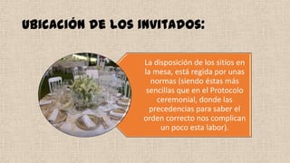 Ubicación de los invitados:
La disposición de los sitios en
la mesa, está regida por unas
normas (siendo éstas más
sencillas que en el Protocolo
ceremonial, donde las
precedencias para saber el
orden correcto nos complican
un poco esta labor).
 
