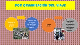 Por organización del viaje
Turismo de
masas o
grupos
Un grupo de
personas
agrupado por
un operador
turístico.
Turismo
individual
Es aquel cuyo
programa de
actividades son
decididos por lo
viajeros sin
intervención de
operadores
turísticos.
 