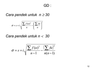 12
GD :
Cara pendek untuk n ≥ 30
Cara pendek untuk n < 30
22
)(
. 







−==
∑∑
n
fu
n
uf
isσ
( )
)1(1
)(
.
22
−
−
−
==
∑∑
nn
fu
n
uf
isσ
 