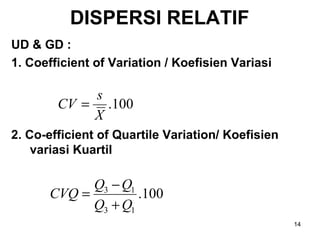 14
DISPERSI RELATIF
UD & GD :
1. Coefficient of Variation / Koefisien Variasi
2. Co-efficient of Quartile Variation/ Koefisien
variasi Kuartil
100.
X
s
CV =
100.
13
13
QQ
QQ
CVQ
+
−
=
 