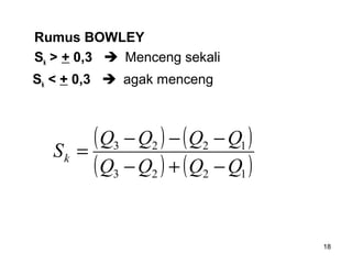 18
Rumus BOWLEY
Sk > + 0,3  Menceng sekali
Sk < + 0,3  agak menceng
( ) ( )
( ) ( )1223
1223
QQQQ
QQQQ
Sk
−+−
−−−
=
 