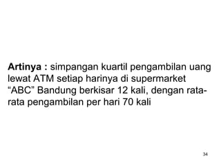 34
Artinya : simpangan kuartil pengambilan uang
lewat ATM setiap harinya di supermarket
“ABC” Bandung berkisar 12 kali, dengan rata-
rata pengambilan per hari 70 kali
 