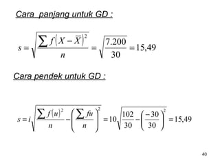 40
Cara panjang untuk GD :
Cara pendek untuk GD :
( ) 49,15
30
200.7
2
==
−
=
∑
n
XXf
s
( )
49,15
30
30
30
102
10
222
=




 −
−=







−=
∑∑
n
fu
n
uf
is
 