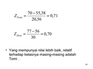 53
• Yang mempunyai nilai lebih baik, relatif
terhadap kelasnya masing-masing adalah
Tomi .
71,0
56,20
38,5570
=
−
=TomiZ
70,0
30
5677
=
−
=DoniZ
 