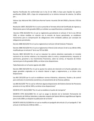 Aportes Parafiscales De conformidad con la ley 21 de 1982, la base para liquidar los aportes
parafiscales (SENA, ICBF y Cajas de compensación) es la nómina mensual de salarios. Se define
por...
Valores Upc Adicional Año 2.004 Zona Normal Fuente: Acuerdo 254 del CNSSS y Decreto 1703 de
2.002
Resolución 10871 30/12/03 Por la cual se prescribe el formato oficial del Certificado de Ingresos y
Retenciones para el año gravable 2003 y se señalan sus especificaciones y condiciones.
Decreto 3798 26/12/03 Por el cual se reglamenta parcialmente el artículo 17 de la Ley 549 de
1999, se dictan medidas en relación con la emisión de bonos pensiónales, se establecen
mecanismos para la compensación de obligaciones entre entidades públicas por concepto de
obligaciones pensiónales.
Decreto 3808 30/12/03 Por el cual se reglamenta el artículo 119 del Estatuto Tributario
Decreto 3800 29/12/03 Por el cual se reglamenta el literal e) del artículo 13 de la Ley 100 de 1993,
modificado por el artículo 2° de la Ley 797 de 2003.
Decreto 3804 30/12/03 Por el cual se reajustan los valores absolutos expresados en moneda
nacional en las normas relativas a los impuestos sobre la renta y complementarios, impuesto al
patrimonio, gravamen a los movimientos financieros, sobre las ventas, al impuesto de timbre
nacional para el año gravable 2004 y se dictan otras disposiciones
Tabla Retención en la Fuente vigente año 2004
Decreto 3803 30/12/03 Por el cual se ajustan los valores de retención en la fuente aplicable a los
pagos gravables originados en la relación laboral o legal y reglamentaria, y se dictan otras
disposiciones
Ley 863 29/12/03 por la cual se establecen normas tributarias, aduaneras, fiscales y de control
para estimular el crecimiento económico y el saneamiento de las finanzas públicas.
Ley 860 26/12/03 "Por la cual se reforman algunas disposiciones del Sistema General de Pensiones
previsto en la Ley 100 de 1993 y se dictan otras disposiciones"
DECRETO 3771 26/12/2003 "Por el cual se establece el auxilio de transporte"
DECRETO 3770 26/12/2003 Por el cual se acoge la decisión de la Comisión Permanente de
Concertación de Políticas Salariales y Laborales respecto del Salario Mínimo Legal Mensual Vigente
para el año 2004 y se dispone la publicación de la misma"
DECRETO 3450 01/12/2003 Por el cual se modifica el parágrafo del artículo 12 y el parágrafo 1° del
artículo 13 del Decreto 2340 de 2003........
 