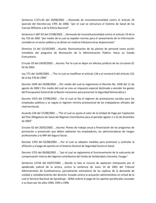 Sentencia C-671-02 del 20/08/2002 ....Demanda de inconstitucionalidad contra el artículo 24
(parcial) del Decreto-Ley 1795 de 2000, "por el cual se estructura el Sistema de Salud de las
Fuerzas Militares y de la Policía Nacional".
Sentencia C-687-02 del 27/08/2002 ....Demanda de inconstitucionalidad contra el artículo 19 de la
ley 716 de 2001 "por medio de la cual se expiden normas para el saneamiento de la información
contable en el sector público y se dictan en materia tributaria otras disposiciones"
Directiva 13 del 15/10/2002 ...Asunto: Racionalización de las plantas de personal como acción
inmediata del programa de Renovación de la Administración Pública: Hacia un Estado
Comunitario.
Circular 03 del 24/09/2002 ....Asunto: Por la cual se dejan sin efectos jurídicos de las circulares 01
02 de 2002.
Ley 771 del 14/09/2002 ...."Por la cual se modifican el artículo 134 y el numeral 6 del articulo 152
de la ley 270 de 1996"
Decreto 1949 del 29/08/2002 ....Por medio del cual se reglamenta el Decreto No. 1838 del 11 de
agosto de 2002 ( Por medio del cual se crea un impuesto especial destinado a atender los gastos
del Presupuesto General de la Nación necesarios para preservar la Seguridad Democrática.)
Decreto 1919 del 27/08/2002 ....Por el cual se fija el régimen de prestaciones sociales para los
empleados públicos y se regula el régimen mínimo prestacional de los trabajadores oficiales del
nivel territorial.
Acuerdo 234 del 27/08/2002 ...."Por el cual se ajusta el valor de la Unidad de Pago por Capitación
del Plan Obligatorio de Salud del Régimen Contributivo para el periodo agosto 1 a 31 de Diciembre
de 2002"
Circular 02 del 20/02/2002 ....Asunto: Planes de trabajo anual y financiación de los programas de
promoción y prevención que deben adelantar los empleadores, las administradoras de riesgos
profesionales y la ARP del Seguro Social.
Decreto 1703 del 02/08/2002 ....Por el cual se adoptan medidas para promover y controlar la
afiliación y el pago de aportes en el Sistema General de Seguridad Social en Salud.
Decreto 1755 del 06/08/2002 ...."por el cual se reglamenta el funcionamiento de la subcuenta de
compensación interna del régimen contributivo del Fondo de Solidaridad y Garantía, Fosyga."
Sentencia 12744 del 03/07/2002 ....Decide la Sala el recurso de apelación interpuesto por el
apoderado judicial de la actora, contra la sentencia de Junio 14 de 2001 del Tribunal
Administrativo de Cundinamarca, parcialmente estimatorio de las súplicas de la demanda de
nulidad y restablecimiento del derecho incoada contra la actuación administrativa en virtud de la
cual el Servicio Nacional de Apredizaje - SENA ordenó el pago de los aportes parafiscales causados
a su favor por los años 1994, 1995 y 1996.
 