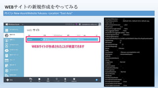 WEBサイトの新規作成をやってみる
PS C:> New-AzureWebsite fukuazu -Location "East Asia"
NumberOfWorkers : 1
DefaultDocuments : {Default.htm, Default.html, Default.asp,
index.htm...}
NetFrameworkVersion : v4.0
PhpVersion : 5.3
RequestTracingEnabled : False
HttpLoggingEnabled : False
DetailedErrorLoggingEnabled : False
PublishingUsername : $fukuazu
PublishingPassword :
eutex71HuWxd4sj7Lu13n09Cuw3XiKSlkD67vl6w1l5csFkq45uKx0ns8xlD
AppSettings : {}
Metadata : {}
ConnectionStrings : {}
HandlerMappings :
Name : fukuazu
State :
HostNames : {fukuazu.azurewebsites.net}
WebSpace : eastasiawebspace
SelfLink :
RepositorySiteName :
Owner :
UsageState : Normal
Enabled :
AdminEnabled :
EnabledHostNames :
SiteProperties :
AvailabilityState : Normal
SSLCertificates :
SiteMode :
HostNameSslStates :
AzureDriveTraceEnabled :
AzureDriveTraceLevel : Error
AzureTableTraceEnabled :
AzureTableTraceLevel : Error
 