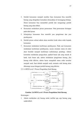 37
3. Setelah konsumen menjadi member baru konsumen bisa memilih
barang yang diinginkan kemudian dimasukkan di kerangjang belanja.
Disini konsumen bisa menambah jumlah dan mengurangi jumlah
barang yang akan dibeli.
4. Konsumen melakukan proses pemesanan. Data pemesanan disimpan
pada tabel pesan.
5. Selanjutnya konsumen bisa memilih jasa pengiriman dan jasa
pembayaran.
6. Setelah proses selesai admin akan memberi kode token order kepada
konsumen.
7. Konsumen melakukan konfirmasi pembayaran. Pada saat konsumen
melakukan konformasi pembayaran, secara otomatis status di order
akan berubah menjadi konfirmasi (sebelumnya pending). Admin
kemudian melakukan pengecekan, apakah benar ada uang masuk di
bank. kalo benar ada, admin melakukan pengiriman barang, jika
barang telah dikirim, admin harus mengubah status order tersebut
menjadi send. Saat diubah menjadi send, otomatis stok barang akan
dikurangi sesuai dengan jumlah barang yang dikirim.
3.3.1.6 DFD Level 1 Proses Pengolahan Stok Barang
Gambar 3.6 DFD Level 1 Proses Pengolahan Stok Barang
Keterangan :
1. Admin melakukan cek barang untuk melihat apa saja barang yang
sudah dibeli.
Admin
1.1
Cek Barang
pesanpesan
productproduct
1.2
Update Status
Pemesanan
1.3
Update
Barang
Data Product
Informasi Data Barang
Data Order
Data Product
Data Product
Data Pesan
Data Pesan
Data Product
Data ProductPengolahan Stok Barag
Informasi Stok Barang
 