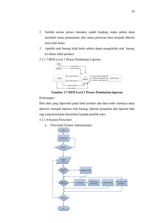 38
2. Setelah semua proses transaksi sudah lengkap, maka admin akan
merubah status pemesanan, dari status pemesan baru menjadi dikirim
atau telah lunas.
3. Apabila stok barang telah habis admin dapat mengelolah stok barang
ke dalam tabel product.
3.3.1.7 DFD Level 1 Proses Pembuatan Laporan
Gambar 3.7 DFD Level 1 Proses Pembuatan laporan
Keterangan :
Dari data yang diperoleh pada tabel product dan data order nantinya akan
diproses menjadi laporan stok barang, laporan penjualan dan laporan laba
rugi yang kemudian disetorkan kepada pemilik toko.
3.3.1.8 System Flowchart
a. Flowchart System Administrator
Start
Proses Login
Berhasil ?
T
Y
Logout
T
End
Y
Mengelolah
Data ?
Y
T
Halaman
Admin
Pengolahan Data
Pengolahan
Stok Barang ?
T
Cek BarangY
Update Status
Pemesanan
Update Barang
Kode Token Order
konsumen
1.1
Laporan
Admin Pemilik Toko
productproduct
orderorder
Data Order
Data Product
Data Order
Laporan Stok Barang
Laporan Laba Rugi
Data Product
Data Product
Data Order
Laporan Penjualan
 