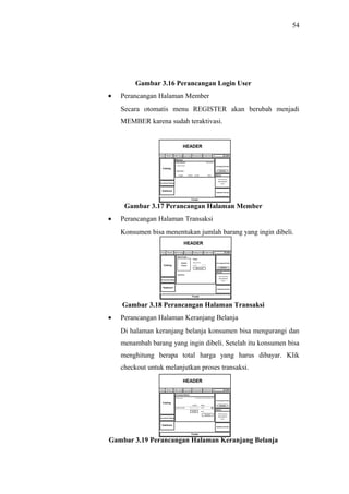 54
Gambar 3.16 Perancangan Login User
• Perancangan Halaman Member
Secara otomatis menu REGISTER akan berubah menjadi
MEMBER karena sudah teraktivasi.
Gambar 3.17 Perancangan Halaman Member
• Perancangan Halaman Transaksi
Konsumen bisa menentukan jumlah barang yang ingin dibeli.
Gambar 3.18 Perancangan Halaman Transaksi
• Perancangan Halaman Keranjang Belanja
Di halaman keranjang belanja konsumen bisa mengurangi dan
menambah barang yang ingin dibeli. Setelah itu konsumen bisa
menghitung berapa total harga yang harus dibayar. Klik
checkout untuk melanjutkan proses transaksi.
Gambar 3.19 Perancangan Halaman Keranjang Belanja
 