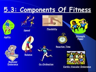 5.3: Components Of Fitness
Agility
Muscular
Endurance
Balance
Co-Ordination
Cardio-Vascular Endurance
Flexibility
Reaction Time
Strength
Power
Speed
 