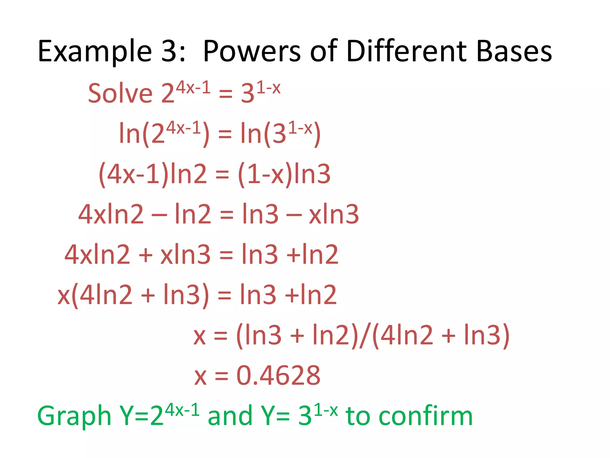 Example 3: Powers of Different Bases
Solve 24x-1 = 31-x
ln(24x-1) = ln(31-x)
(4x-1)ln2 = (1-x)ln3
4xln2 – ln2 = ln3 – xln3
4xln2 + xln3 = ln3 +ln2
x(4ln2 + ln3) = ln3 +ln2
x = (ln3 + ln2)/(4ln2 + ln3)
x = 0.4628
Graph Y=24x-1 and Y= 31-x to confirm
 