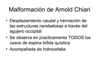 Malformación de Arnold Chiari
• Desplazamiento caudal y herniación de
las estructuras cerebelosas a través del
agujero occipital
• Se observa en practicamente TODOS los
casos de espina bífida quística
• Acompañada de hidrocefalia
 