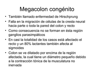 Megacolon congénito
• También llamado enfermedad de Hirschprung
• Falla en la migración de células de la cresta neural
hacia parte o toda la pared del colon y recto
• Como consecuencia no se forman en ésta región
ganglios parasimpáticos
• En casi la totalidad de los casos está afectado el
recto y un 80% lactantes también afecta al
sigmoides
• Colon se ve dilatado por encima de la región
afectada, la cual tiene un diámetro pequeño debido
a la contracción tónica de la musculatura no
inervada
 