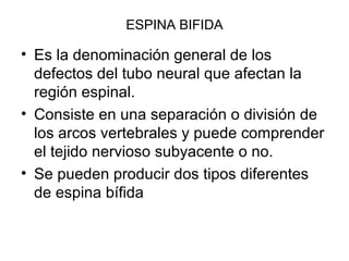 ESPINA BIFIDA
• Es la denominación general de los
defectos del tubo neural que afectan la
región espinal.
• Consiste en una separación o división de
los arcos vertebrales y puede comprender
el tejido nervioso subyacente o no.
• Se pueden producir dos tipos diferentes
de espina bífida
 
