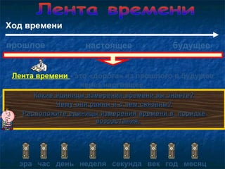 Ход времени
прошлое настоящее будущее
Лента времени - это «дорога» из прошлого в будущее
через настоящее.
Какие единицы измерения времени вы знаете?Какие единицы измерения времени вы знаете?
Чему они равны и с чем связаны?Чему они равны и с чем связаны?
Расположите единицы измерения времени в порядкеРасположите единицы измерения времени в порядке
возрастания.возрастания.
эра день неделя век год месяцчас секунда
 