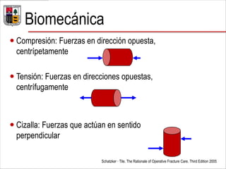Biomecánica
 Compresión: Fuerzas en dirección opuesta,
centrípetamente
 Tensión: Fuerzas en direcciones opuestas,
centrífugamente
 Cizalla: Fuerzas que actúan en sentido
perpendicular
Schatzker · Tile. The Rationale of Operative Fracture Care. Third Edition 2005
 