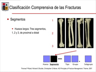  Segmentos
 Huesos largos: Tres segmentos,
1, 2 y 3, de proximal a distal
Thomas P Rüedi, Richard E Buckle, Christopher G Moran. AO Principles of Fracture Management. Thieme. 2007
Hueso Segmento Tipo Grupo Subgrupo
— .
1
2
3
Clasificación Comprensiva de las Fracturas
 