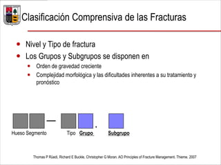  Nivel y Tipo de fractura
 Los Grupos y Subgrupos se disponen en
 Orden de gravedad creciente
 Complejidad morfológica y las dificultades inherentes a su tratamiento y
pronóstico
Thomas P Rüedi, Richard E Buckle, Christopher G Moran. AO Principles of Fracture Management. Thieme. 2007
Clasificación Comprensiva de las Fracturas
— .
Hueso Segmento Tipo Grupo Subgrupo
 