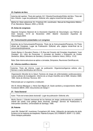 31
23. Capítulo de libro
Autor/es del capítulo. Título del capítulo. En*: Director/Coordinador/Editor del libro. Título del
libro. Edición. Lugar de publicación: Editorial; año. página inicial-final del capítulo.
Mehta SJ. Dolor abdominal. En: Friedman HH, coordinador. Manual de Diagnóstico Médico.
5ª ed. Barcelona: Masson; 2004. p.183-90.
24. Actas de congresos
Segundo Congreso Nacional de la Asociación Española de Vacunología. Las Palmas de
Gran Canaria; 13-15 de Noviembre 2003. Madrid: Asociación Española de
Vacunología;2003.
25. Comunicación presentada a un congreso
Autor/es de la Comunicación/Ponencia. Título de la Comunicación/Ponencia. En:Título
oficial del Congreso. Lugar de Publicación: Editorial; año. página inicial-final de la
comunicación/ponencia.
Castro Beiras A, Escudero Pereira J. El Área del Corazón del Complejo Hospitalario “Juan
Canalejo”. En: Libro de Ponencias: V Jornadas de Gestión y Evaluación de Costes
Sanitarios. Bilbao; Ministerio de Sanidad y Consumo, Gobierno Vasco; 2000.p. 12-22.
Nota: Esta misma estructura se aplica a Jornadas, Simposios, Reuniones Científicas etc.
26. Informe científico o técnico
Autor/es. Título del informe. Lugar de publicación: Organismos/Agencia editora; año.
Número o serie identificativa del informe.
Organización Mundial de la Salud. Factores de riesgo de enfermedades cardiovasculares:
nuevas esferas de investigación. Informe de un Grupo Científico de la OMS. Ginebra: OMS;
1994. Serie de Informes Técnicos: 841.
Patrocinado por un organismo o institución:
Ahn N, Alonso Meseguer J, Herce San Miguel JA. Gasto sanitario y envejecimiento. Madrid:
Fundación BBVA; 2003. Documentos de trabajo:7.
27. Tesis Doctoral
Autor. Título de la tesis [tesis doctoral]*. Lugar de publicación: Editorial; año.
Muñiz Garcia J. Estudio transversal de los factores de riesgo cardiovascular en población
infantil del medio rural gallego [tesis doctoral]. Santiago: Servicio de Publicacións e
Intercambio Científico, Universidade de Santiago; 1996.
28. Patente
Joshi RK, Strebel HP, inventores; Fumapharm AG, titular. Utilización de derivados de ácido
fumárico en la medicina de trasplante. Patente Europea. ES 2195609T3. BOPI 1-12- 2003.
Otros trabajos publicados
 