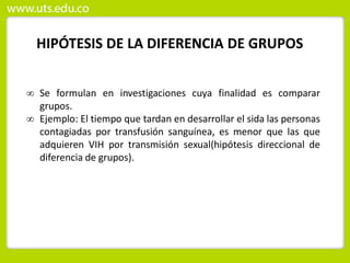 HIPÓTESIS DE LA DIFERENCIA DE GRUPOS
 Se formulan en investigaciones cuya finalidad es comparar
grupos.
 Ejemplo: El tiempo que tardan en desarrollar el sida las personas
contagiadas por transfusión sanguínea, es menor que las que
adquieren VIH por transmisión sexual(hipótesis direccional de
diferencia de grupos).
 