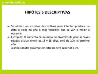 HIPÓTESIS DESCRIPTIVAS
 Se utilizan en estudios descriptivos para intentar predecir un
dato o valor en una o más variables que se van a medir u
observar .
 Ejemplos: El aumento del numero de divorcios de parejas cuyas
edades oscilan entre los 18 y 25 años, será de 20% el próximo
año.
La inflación del próximo semestre no será superior a 3%.
 