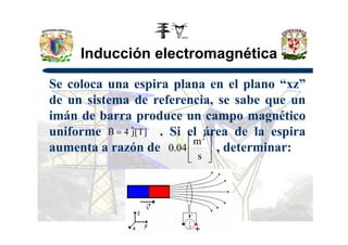 Inducción electromagnética
Se coloca una espira plana en el plano “xz”
de un sistema de referencia, se sabe que un
imán de barra produce un campo magnéticoimán de barra produce un campo magnético
uniforme . Si el área de la espira
aumenta a razón de , determinar:
]T[jˆ4B =
r






s
m
04.0
2
 