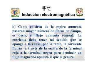 Inducción electromagnética
b) Como el área de la espira aumenta
pasarán mayor número de líneas de campo,
es decir, el flujo aumenta (causa): Laes decir, el flujo aumenta (causa): La
corriente debe tener tal sentido que se
oponga a la causa, por lo tanto, la corriente
fluiría a través de la espira de la terminal
roja a la terminal negra para producir un
flujo magnético opuesto al que la genera.
 