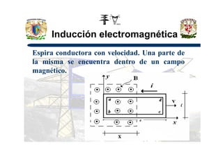 Inducción electromagnética
Espira conductora con velocidad. Una parte de
la misma se encuentra dentro de un campo
magnético.
 