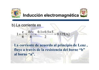 Inducción electromagnética
b) La corriente es
]A[125.0
2
55.01.0
R
vB
R
I =
××
==
ε
=
l
]A[125.0
2RR
I ====
La corriente de acuerdo al principio de Lenz ,
fluye a través de la resistencia del borne “b”
al borne “a”.
 