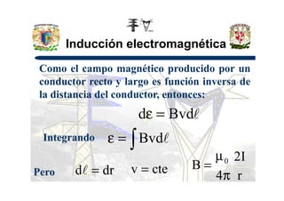 Inducción electromagnética
Como el campo magnético producido por un
conductor recto y largo es función inversa de
la distancia del conductor, entonces:
Integrando
lBvdd =ε
∫=ε lBvd
Pero drd =l ctev = r
I2
4
B 0
π
µ
=
 