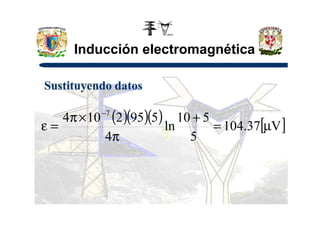 Inducción electromagnética
Sustituyendo datos
( )( )( ) [ ]5105952104 7
+×π −
( )( )( ) [ ]V37.104
5
510
ln
4
5952104 7
µ=
+
π
×π
=ε
−
 