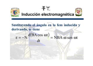 Inducción electromagnética
Sustituyendo el ángulo en la fem inducida y
derivando, se tiene
( )tcosBAd ω( ) tsenNBA
dt
tcosBAd
N ωω=
ω
−=ε
 
