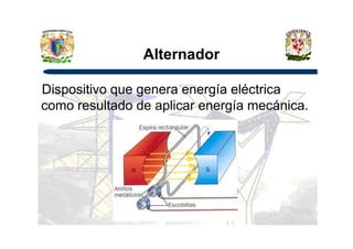 Alternador
Dispositivo que genera energía eléctrica
como resultado de aplicar energía mecánica.
 