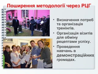 Поширення методології через РЦГ
• Визначення потреб
та організація
тренінгів.
• Організація візитів
для обміну
рецептами успіху.
• Проведення
навчань в
демонстраційних
громадах.
 