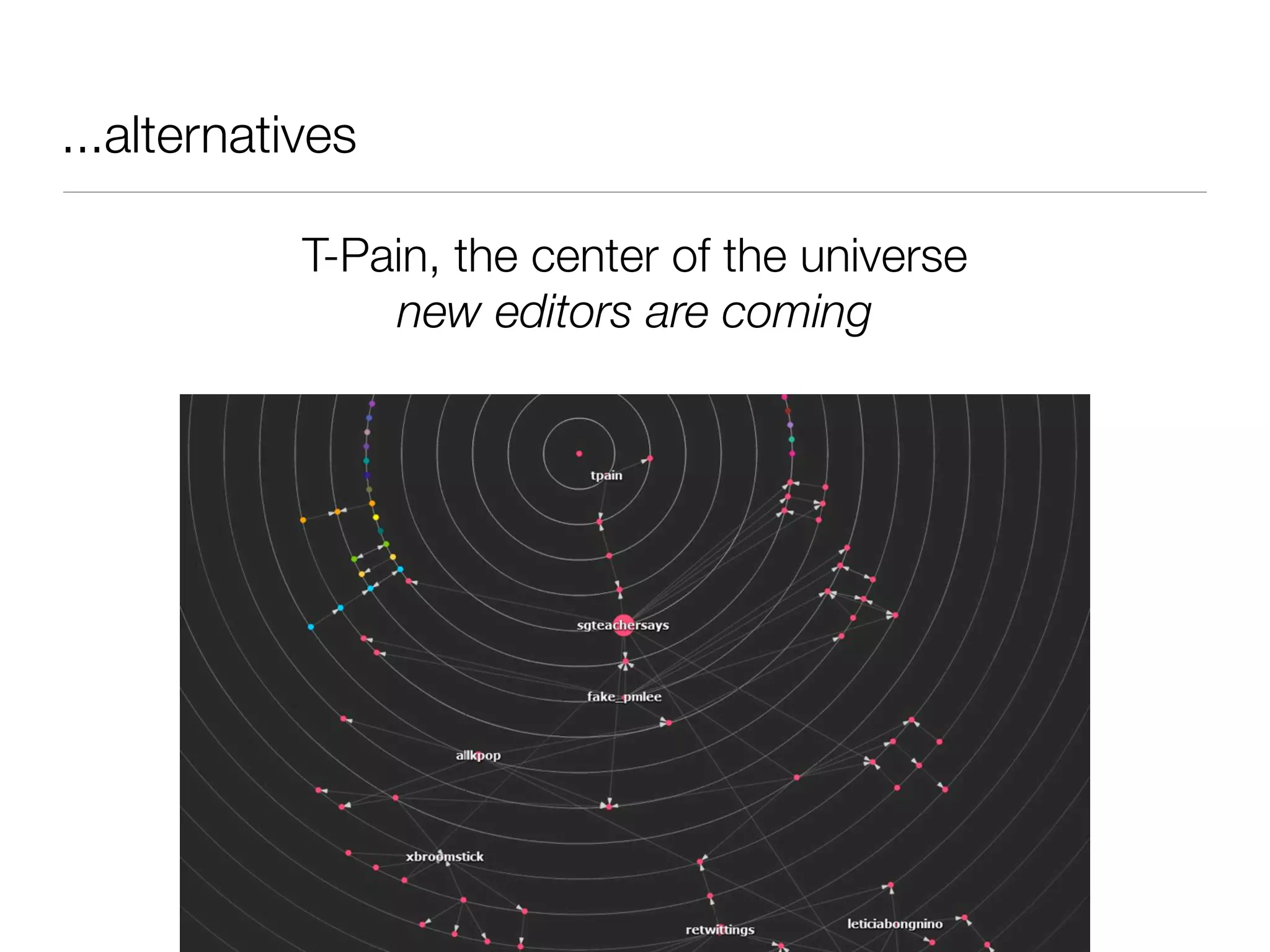 ...alternatives
T-Pain, the center of the universe
new editors are coming
 