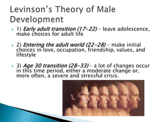  1) Early adult transition (17-22) - leave adolescence,
make choices for adult life
 2) Entering the adult world (22-28) - make initial
choices in love, occupation, friendship, values, and
lifestyle
 3) Age 30 transition (28-33) – a lot of changes occur
in this time period, either a moderate change or,
more often, a severe and stressful crisis.
 