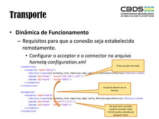 Transporte
• Dinâmica de Funcionamento
– Requisitos para que a conexão seja estabelecida
remotamente.
• Configurar o acceptor e o connector no arquivo
hornetq-configuration.xml

IP do servidor HornetQ.

As portas devem ser as
mesma.

De qual host o servidor
aceitará conexão. Valor
0.0.0.0 aceita conexões de
qualquer hosts.

 