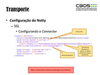 Transporte
• Configuração do Netty
– SSL
• Configurando o Connector

Ativa o SSL

Senha da keystore

Não é necessária nenhuma alteração nos clientes.

Caminho da
keystore no
cliente. O cliente
precisa do arquivo
localmente.

 